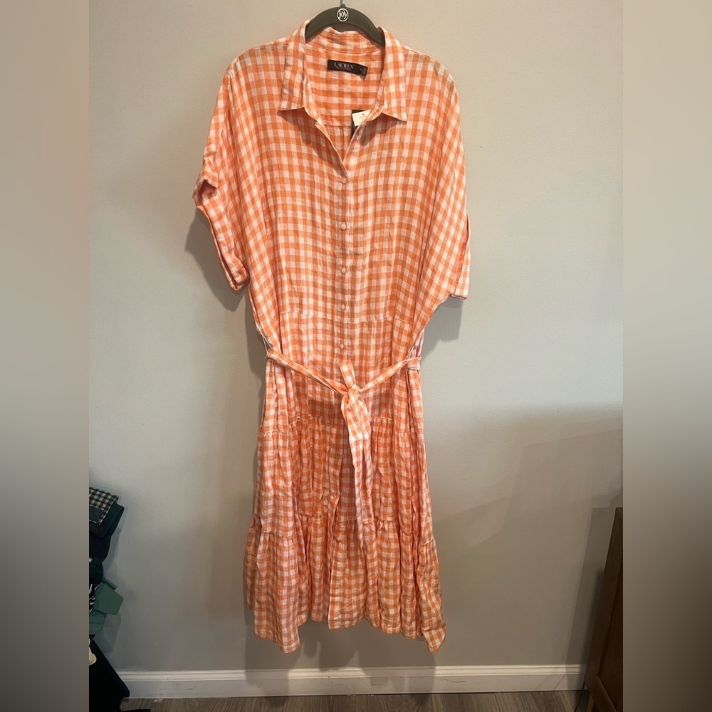 Ralph Lauren Orange & White Gingham Tie-Waist Midi Dress